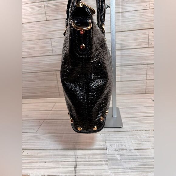 075-Michael Kors Black Leather Uptown Astor Satchel with Gold Stud Accents - Picture 5 of 12
